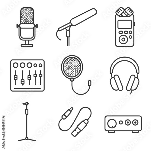 Audio Gear Icons. Outline style icons of Audio Recording Gear: condenser microphone, boom mic, field recorder, studio mixer, pop