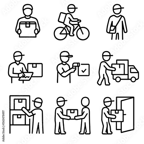Delivery Worker Icons. Outline style icons of Delivery Workers: courier with box, delivery on bike, postal worker with satchel,