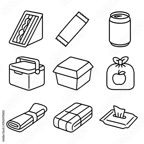 Quick Picnic Icons. Outline style icons of Quick Grab-and-Go Picnic: pre-packed sandwich, snack bar, fruit pouch, canned drink,