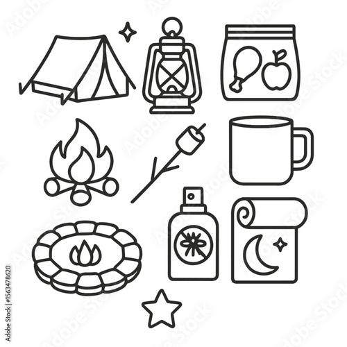 Overnight Camping Icons. Outline style icons of Overnight Picnic or Campout: tent setup, lantern, night food pack, camp mug, fire