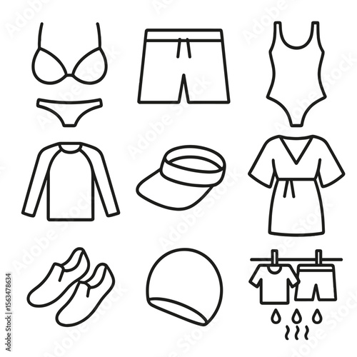 Summer Swim Icons. Outline style icons of Summer Swimwear: bikini top, swim trunks, one-piece swimsuit, rash guard, sun visor,