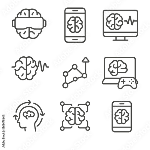 Brain Training Technology Icons. Outline style icons of Technology and Brain Training: brain with VR headset, app-based training