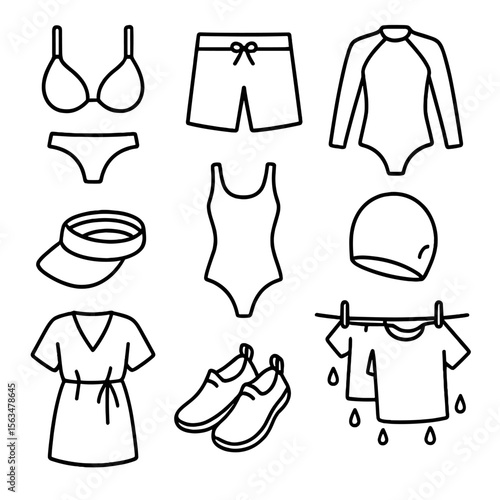 Summer Swim Icons. Outline style icons of Summer Swimwear: bikini top, swim trunks, one-piece swimsuit, rash guard, sun visor,