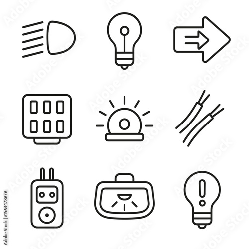 Light and Electrical Icons. Outline style icons of Light and Electrical Check: headlight beam, taillight bulb, turn signal icon,
