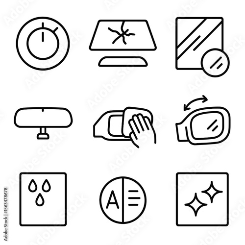 Glass and Mirror Icons. Outline style icons of Glass and Mirror Maintenance: mirror adjustment knob, cracked windshield icon,
