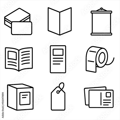 Printed Product Icons. Outline style icons of Common Printed Products: business card stack, brochure fold, poster icon, book