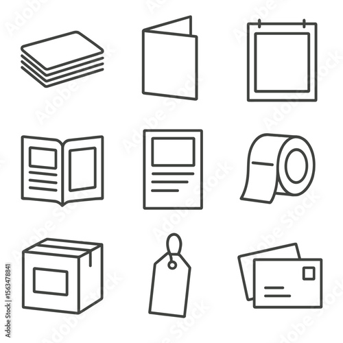 Printed Product Icons. Outline style icons of Common Printed Products: business card stack, brochure fold, poster icon, book