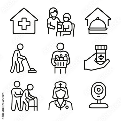 In-Home Elder Services Icons. Outline style icons of In-Home Elder Services: house with medical cross, caregiver at home,