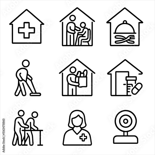 In-Home Elder Services Icons. Outline style icons of In-Home Elder Services: house with medical cross, caregiver at home,
