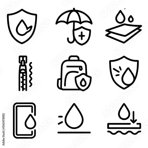Waterproof Protection Icons. Outline style icons of Waterproof Protection Basics: water droplet deflecting shield, umbrella with