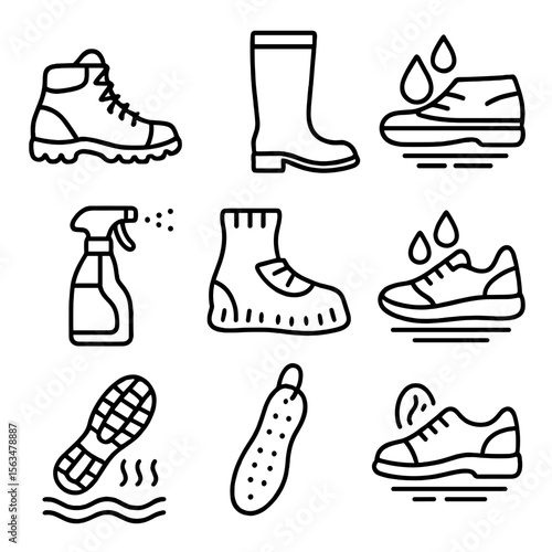 Footwear Waterproofing Icons. Outline style icons of Footwear Waterproofing: sealed hiking boot, rubber boot icon, waterproof sole