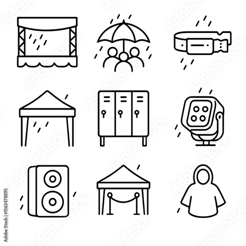 Festival Rainproof Icons. Outline style icons of Festival and Event Rainproofing: waterproof stage tarp, umbrella in crowd, sealed