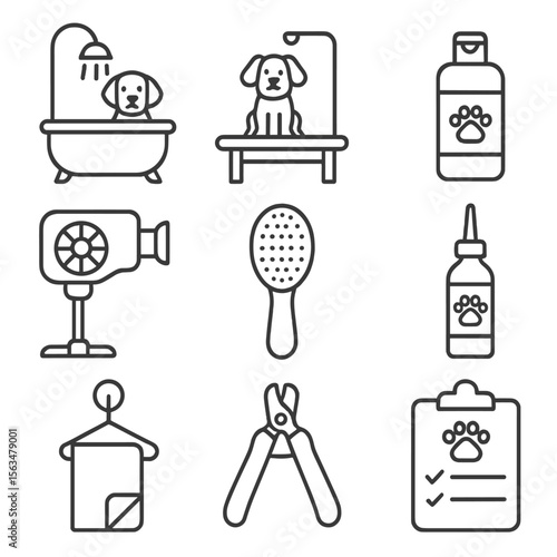 Pet Grooming Icons. Outline style icons of Pet Grooming Areas: self-wash station, grooming table, shampoo bottle, fur dryer,