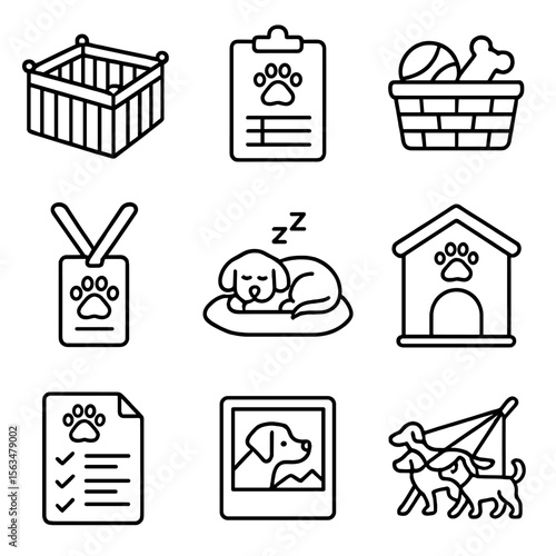 Pet Daycare Icons. Outline style icons of Pet Daycare Centers: playpen icon, feeding chart, toy basket, staff badge, naptime zone,