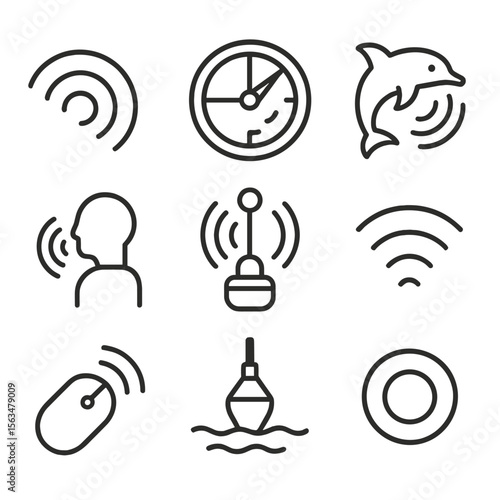 Sound Navigation Icons. Outline style icons of Sound-Based Navigation: sonar ping, submarine sonar screen, dolphin sonar ring,