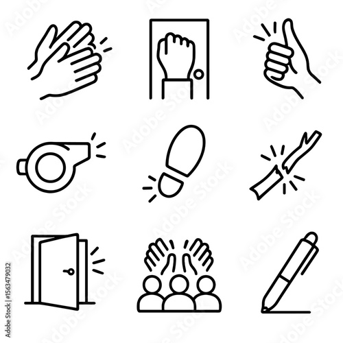 Nonverbal Sound Icons. Outline style icons of Nonverbal Sound Signals: hand clap, door knock, finger snap, whistle icon, footstep