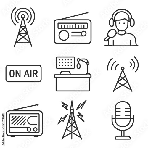 Radio Icons Collection. Outline style icons of Radio and Broadcast: radio antenna, FM dial, radio host at mic, on-air light, radio