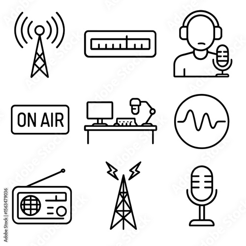 Radio Icons Collection. Outline style icons of Radio and Broadcast: radio antenna, FM dial, radio host at mic, on-air light, radio