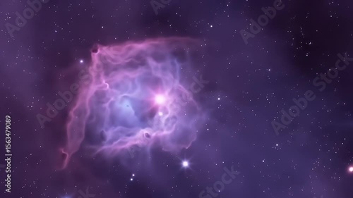 An ethereal cosmic scene, featuring a swirling nebula of vibrant purple hues. Scattered stars add subtle luminescence to the vast expanse