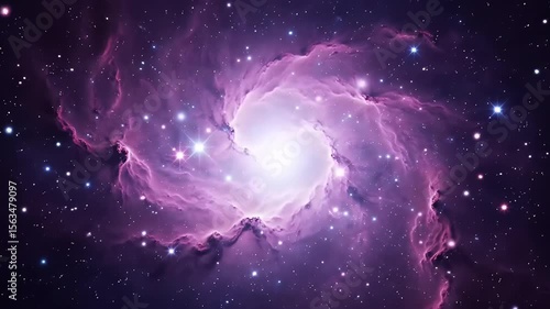 An ethereal cosmic scene. It depicts a luminous spiral nebula, radiating from a bright core. Swirling magenta hues with scattered stars