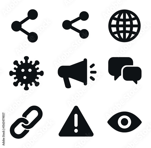 Misinformation Icon Grid. Solid, filled icons set of viral misinformation spread: network nodes, share arrows,