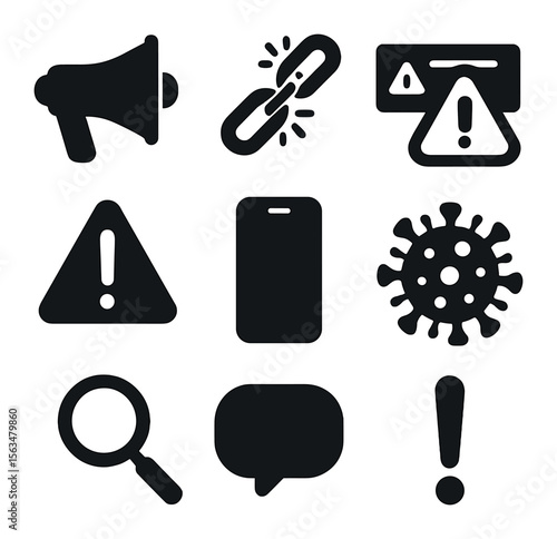 Misinformation Icons Grid. Solid, filled icons set of the spread of misinformation and fake news online: