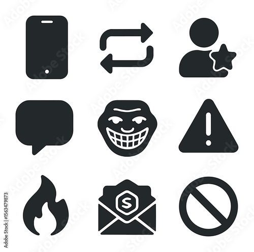 Social Media Icons. Solid, filled icons set of social media misinformation dynamics: smartphone, retweet