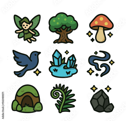 Mystical Valley Icons. Solid, filled icons set of mystical valley ecosystem: sprite, enchanted tree, glowing