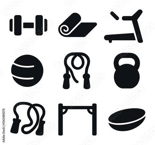 Home Fitness Icons. Solid, filled icons set of home fitness activities for families: dumbbells, yoga mat,