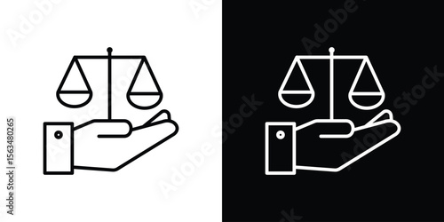 Justice scales in Hand icon Design concept. Black and white line icons