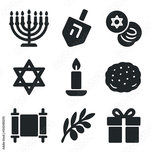Hanukkah Icon Set. Solid, filled icons set of Hanukkah events: menorah, dreidel, gelt coins, star of David,