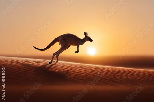 Kangaroo Jumping Across Red Desert at Sunset