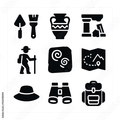 Archaeological Icons Grid. Solid, filled icons set of archaeological site tour: excavation tools, ancient