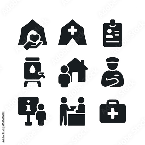 Refugee Checkpoint Icons. Solid, filled icons set of refugee checkpoints: aid tent, medical station,