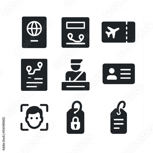 Travel Document Icons. Solid, filled icons set of international travel documents: passport, visa, boarding
