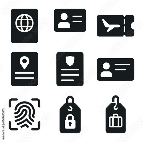 Travel Document Icons. Solid, filled icons set of international travel documents: passport, visa, boarding
