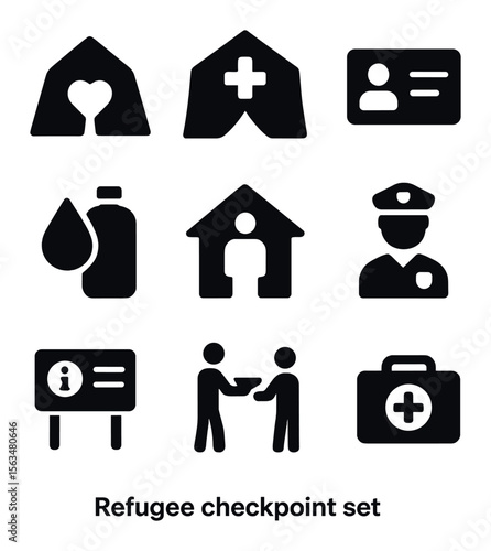 Refugee Checkpoint Icons. Solid, filled icons set of refugee checkpoints: aid tent, medical station,