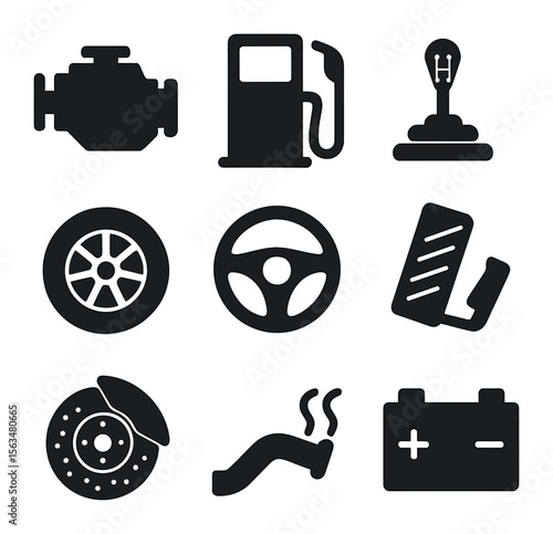 Car Mechanism Icons. Solid, filled icons set of what makes a car move: engine, fuel pump, transmission, wheels