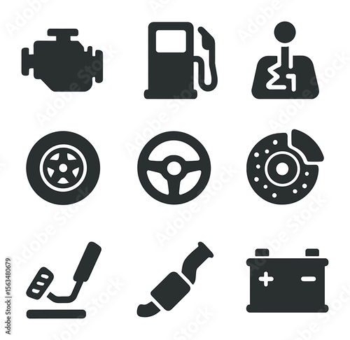 Car Mechanism Icons. Solid, filled icons set of what makes a car move: engine, fuel pump, transmission, wheels