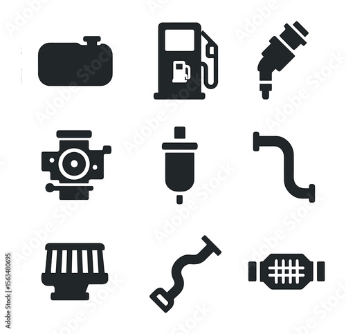 Car Fuel System Icons. Solid, filled icons set of car fuel systems: fuel tank, fuel pump, fuel injector,