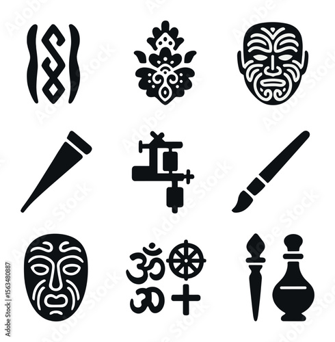 Cultural Tattoo Icons. Solid, filled icons set of cultural tattoos and body art traditions: tribal patterns,