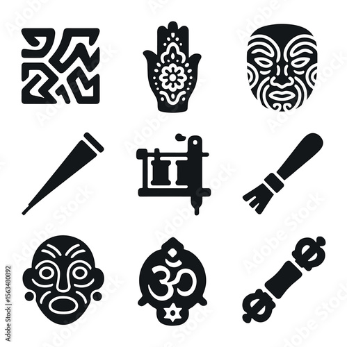 Cultural Tattoo Icons. Solid, filled icons set of cultural tattoos and body art traditions: tribal patterns,