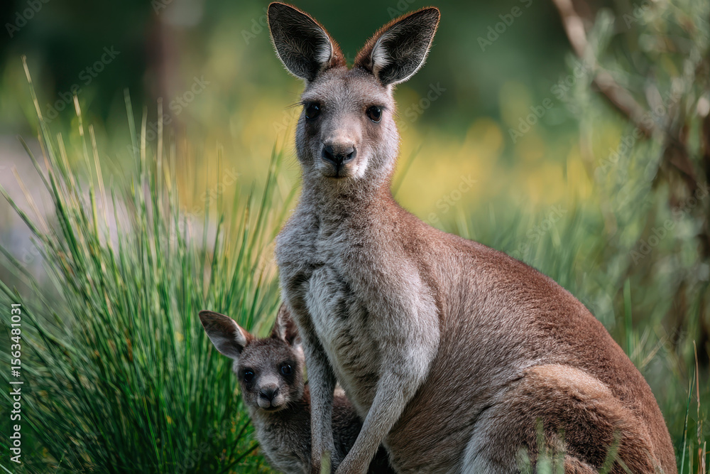 Fototapeta premium Kangaroo with Joey in Pouch Upright Pose