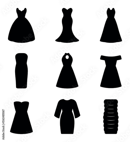 Evening Wear Icons. Solid, filled icons set of evening wear styles: ball gown, mermaid dress, A-line dress,