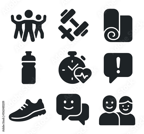 Fitness Icon Set. Solid, filled icons set of group fitness motivation: fitness class, dumbbells, yoga mats,