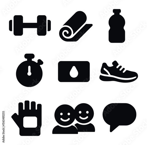 Active Friends Icons. Solid, filled icons set of active friends training: dumbbells, yoga mat, water bottle,