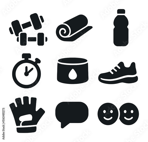 Active Friends Icons. Solid, filled icons set of active friends training: dumbbells, yoga mat, water bottle,