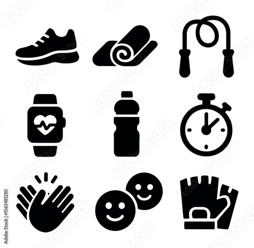 Exercise Motivation Icons. Solid, filled icons set of exercise motivation: running shoes, fitness mat, jump