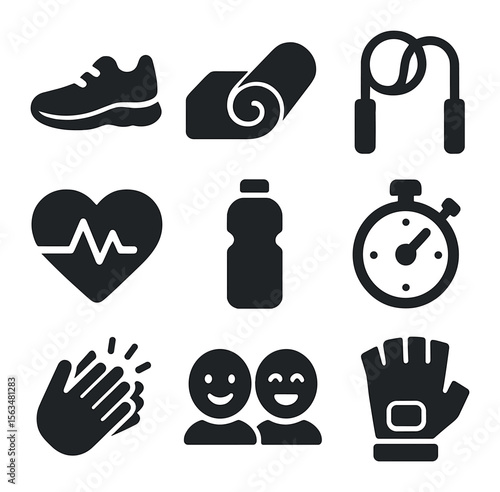 Exercise Motivation Icons. Solid, filled icons set of exercise motivation: running shoes, fitness mat, jump