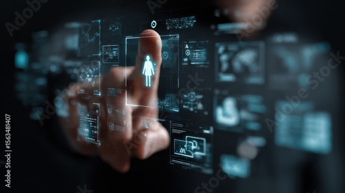 Digital interface of futuristic technology, user interaction with holographic screen, data analytics visualization, virtual reality concept in modern workspace
